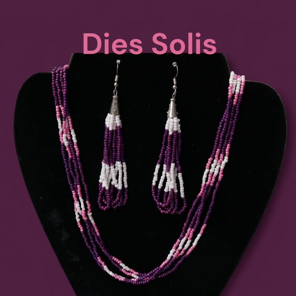 Purple and White Beaded Necklace and Earring Set